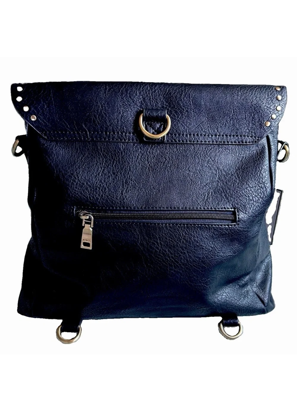 Jen & Co Indigo Convertible Backpack Purse Flap Over Front Metal Studs Black 12”